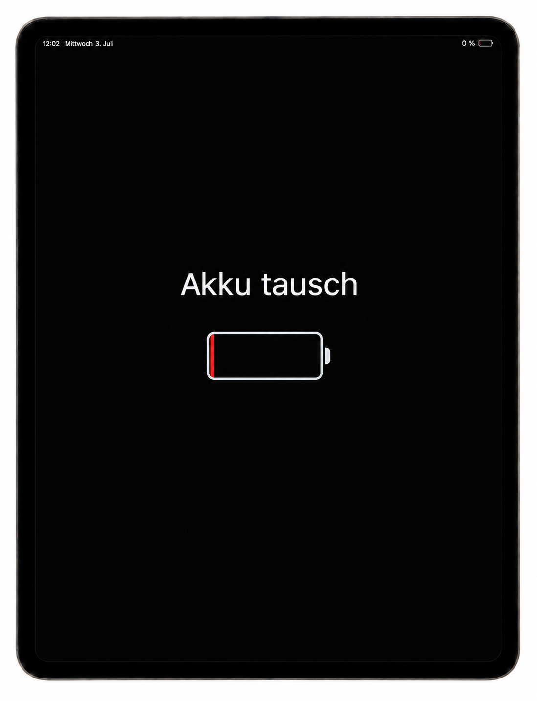 iPad Akku tausch – Akkuwarnung auf schwarzem Display